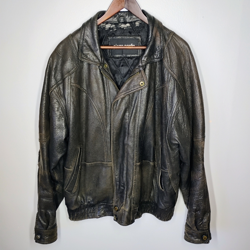 Pierre Cardin Vintage Leather Bomber Jacket Brown Full Zip Mens Size Large‎